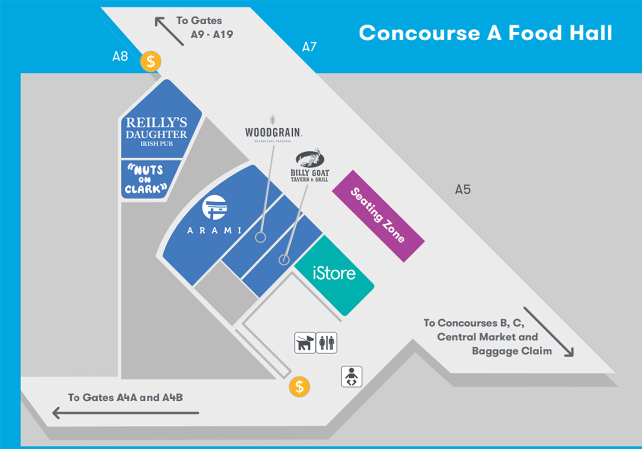 Chicago Midway Airport MDW concourse a food map